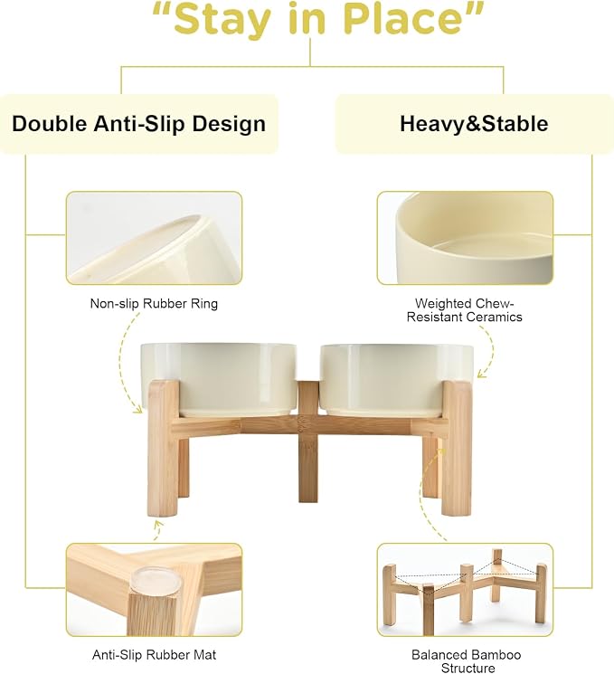 SPUNKYJUNKY Elevated Dog Bowls Ceramic, 6.1'' Dogs and Cat Food Water Bowls Raised with Non-Slip Bamboo Stand for Medium Sized Breed Microwave Dishwasher Safe - 28.7 OZ,Beige