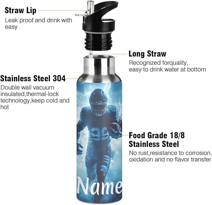 Custom Name American Football Player Lightning Water Bottle with Straw Lid Kids Insulated Stainless Steel Water Flask Sports, 20 Oz Hot Cold