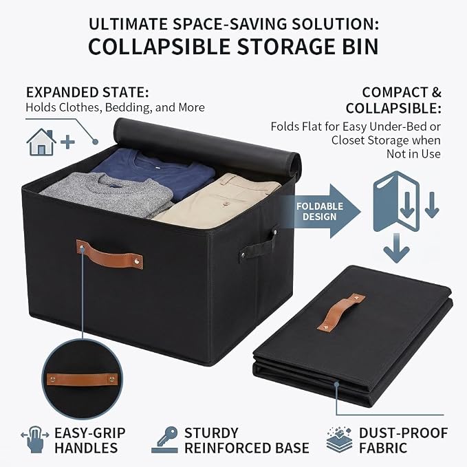 Tuza 3 Pack Foldable Storage Bin with Lid, Heavy-Duty Fabric Storage Box with Reinforced Handles, Collapsible Closet Organizer for Clothes, Bedding, Wardrobe & Bedroom Organization(Black, 25L)