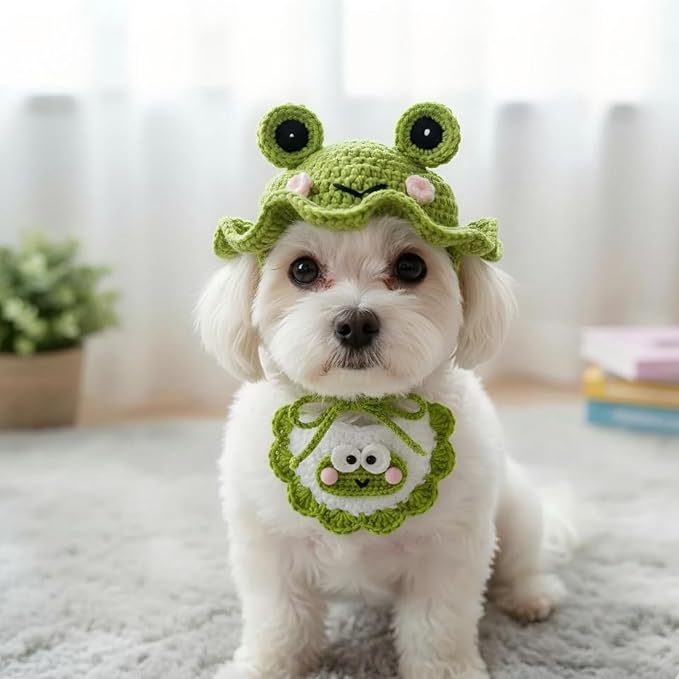 Handmade Knit Dog Costume – Adjustable Cute Frog Dog Hat & Collar for Cats and Small to Medium Dogs, Perfect for Birthday, Holiday, Daily Wear & Photoshoots