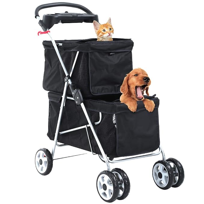 Double Dog Stroller Pet Stroller Cat Stroller for Small Medium Dogs Cats 2 Doggie Puppy or Two Kitty 4 Wheels Folding Travel Carrier Cage with Cup Holders 35LBS Capacity Pet Jogger Strolling Cart