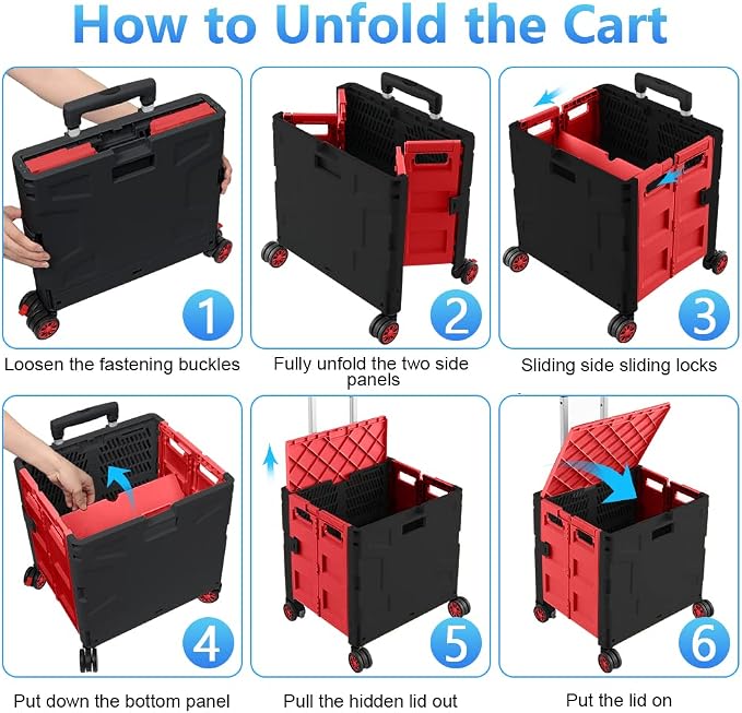 Foldable Shopping Utility Cart Portable Rolling Crate Handcart with 360°Rotate Wheel,Hidden Lid,Telescoping Handle Collapsible for Travel Shopping Moving Storage Office Use(Black/Red)
