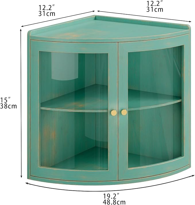 Trironsun Fan Shape Corner Bread Box for Kitchen Counter Double Layer Large Bread Storage Container with Acrylic Doors Farmhouse Wooden Bread Box Organizer for Homemade Bread (Antique Blue)