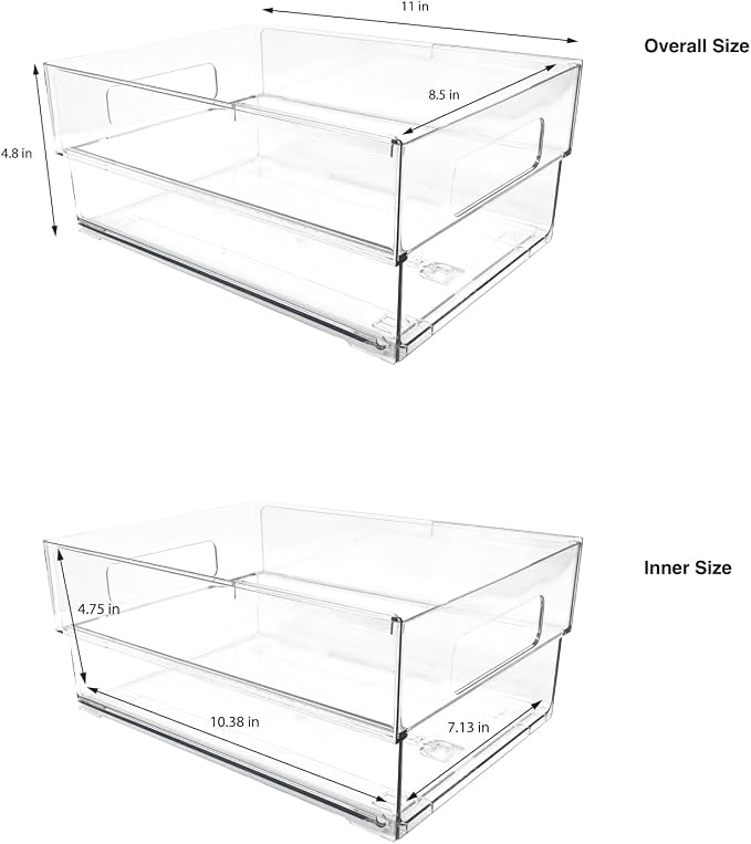 Isaac Jacobs 2-Pack Clear Expandable Storage Bins - Medium | 11"-19" L x 8.5" W x 4.8" H, Plastic Organizer with Cut-Out Handles, Adjustable Length from 11-19" for Home, Kitchen & Office