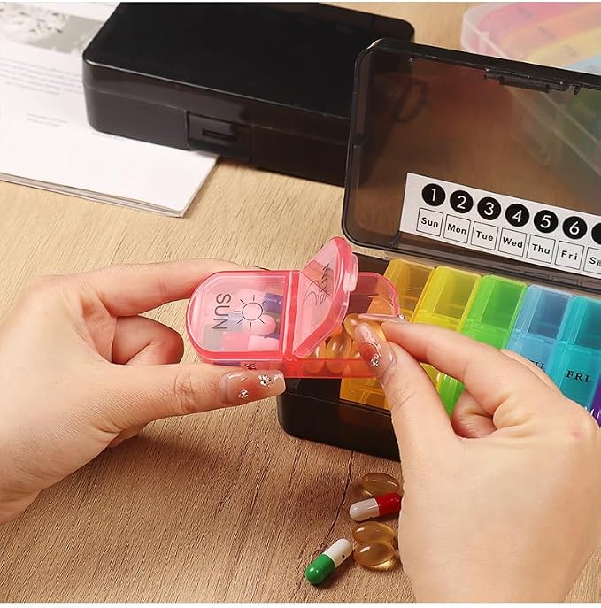 Travel Weekly Pill Organizer Case, 14 Compartments Travel Pill Box | Dispenser, Portable Daily Pill Container for Carry Storage Medicine, Vitamin, Supplement, Fish Oil, Cod Liver Oil, Capsules