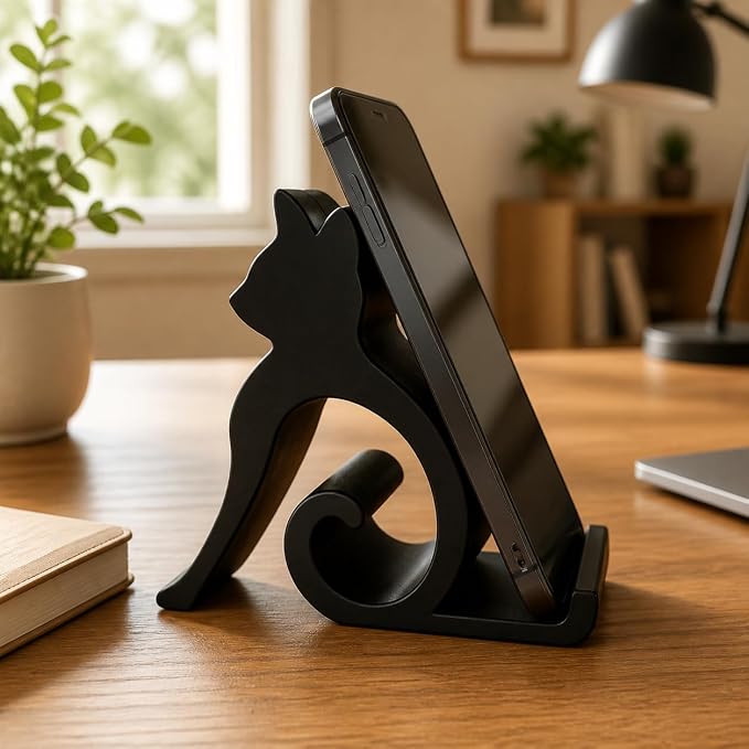Phone Stand, Black Cat Desktop Cell Phone Holder Mount Decor | Handsfree Kitten Shaped Phone Mount, Desktop Halloween Decor Gift for Pet Lovers, Office Bedside Table Use