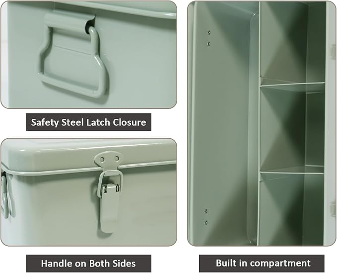 First Aid Medicine Box, First Aid Kit Supplies Bin, Metal Medicine Storage Tin, First Aid Empty Box with Safety Lock for Home Emergency Tool Set-Green
