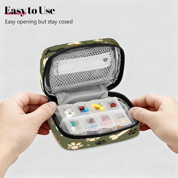 Weekly Pill Organizer Travel Size Bag with Removable 7 Day Pill Box Portable Vitamin Case Purse with Zipper,Olive Pet Paws Bones