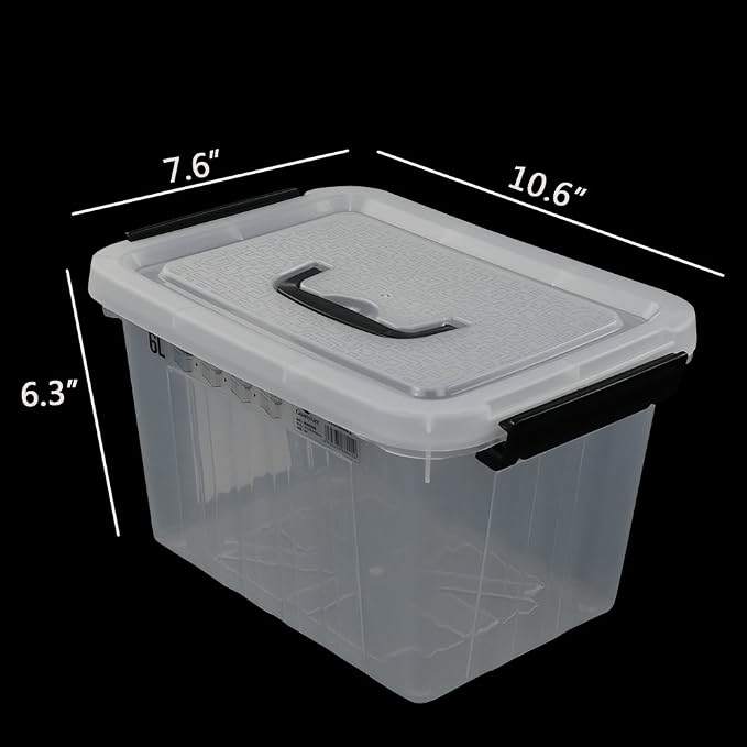 Ggbin 6 Quart Clear Latch Storage Box with Black Handle and Latch - 4 Pack | Lidded Storage Container Bin For Home Office, Stackable