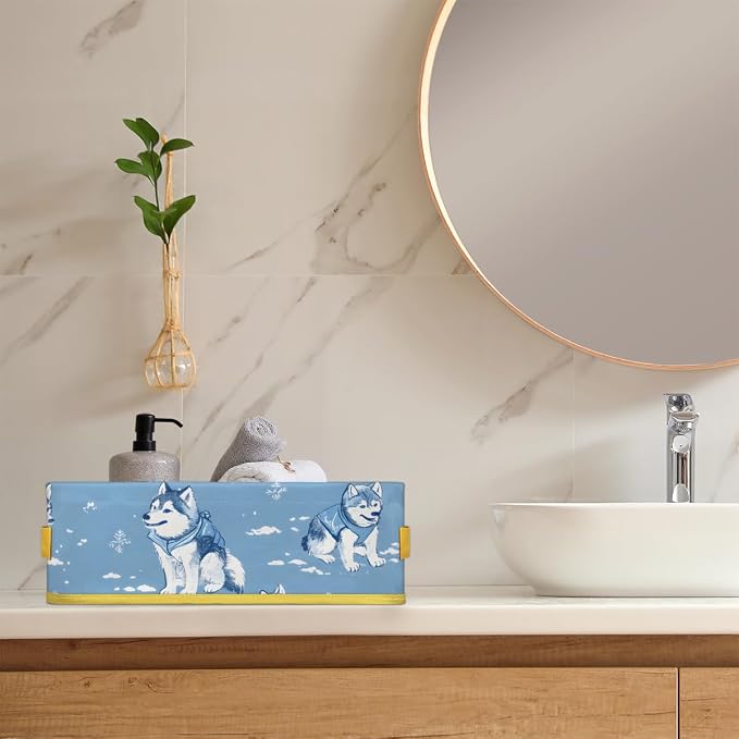 Wolf Winter Blue Cold Bathroom Storage Basket, Foldable with Handle Open Countertop Paper Towel Decorative Box, Toilet Tank Top Shelf Baskets for Home Closet Bedroom Living Room Office