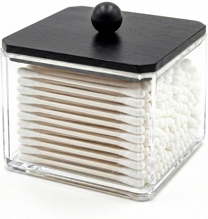 SheeChung 1 Pack Square Acrylic Qtip Holder with Black Wood Lid | Qtip Holder for Bathroom - Clear Apothecary Jar for Cotton Balls, Pads, Flossers, Farmhouse Bathroom Vanity Organizer