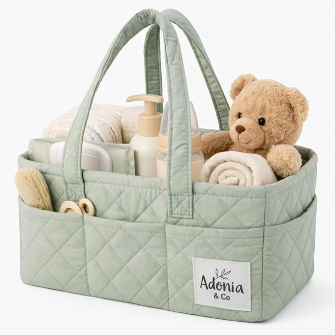 Adonia & Co Diaper Caddy Organizer – Baby Essentials Organizer, Large Nursery Storage Basket with Removable Divider, 8 Exterior Pockets, Portable, Machine Washable, Structured Design, Sage Green