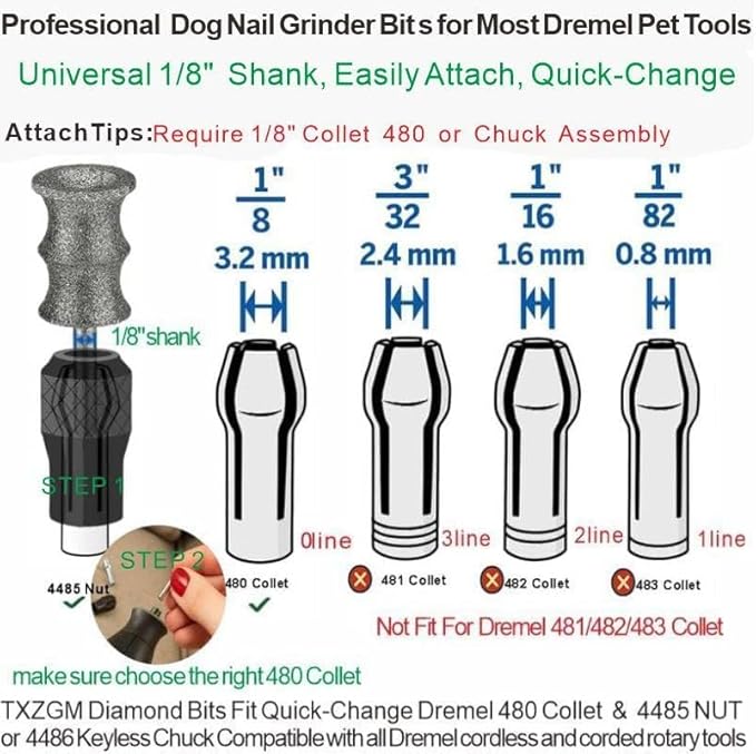 Diamond Dog Nail Grinder Bits Attachments for Dremel 7760 7350 4000 - 1/8'' 80 Grit Replacement Heads Refills & Tip for Most Pet Grinders - Painless & Safe for All Dogs Cats Thick Tough Nails Grooming