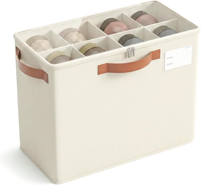 Varhomax Shoe Organizer Box for Closet, Small Fabric Storage Basket Beige | Foldable Shoe Bin with Adjustable Dividers & Clear Cover, Saving Space Sneakers & Sandals Containersfor Entryway, Cubby