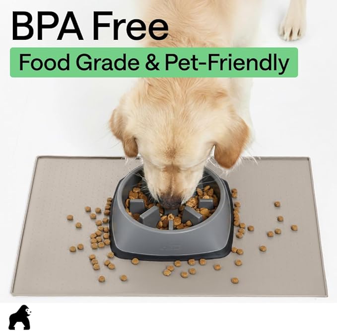 GORILLA GRIP 100% Waterproof Raised Edge BPA Free Silicone Pet Feeding Mat, Dog Cat Food Mats Contain Spills Protects Floors, Placemats for Cats and Dogs Water Bowl, Pets Accessories 26x17 Beige