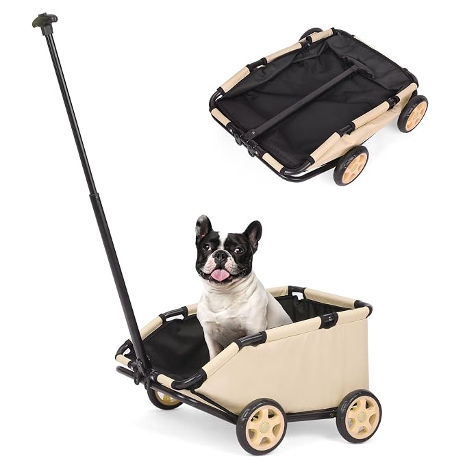 Mini Dog Strollers for Mini Pets, Foldable Multifunctional Shopping Carts with Extendable Pull Handle, Doggie Wagon Built-in Cushion and Safety Rope with Storage Bag (Khaki)
