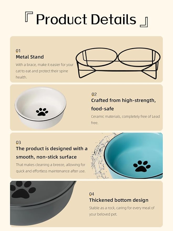 GDCZ Ceramics Raised Cat Bowls with Heighten Metal Stand,15 Ounces White