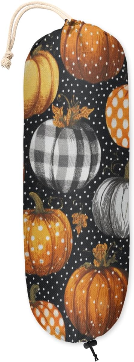 Autumn Pumpkin Plastic Bag Holder Polka Dots Grocery Bag Storage Dispenser Washable Hanging Shopping Bags Carrier Reusable Wall Mount Trash Bag Organizer for Kitchen Pantry