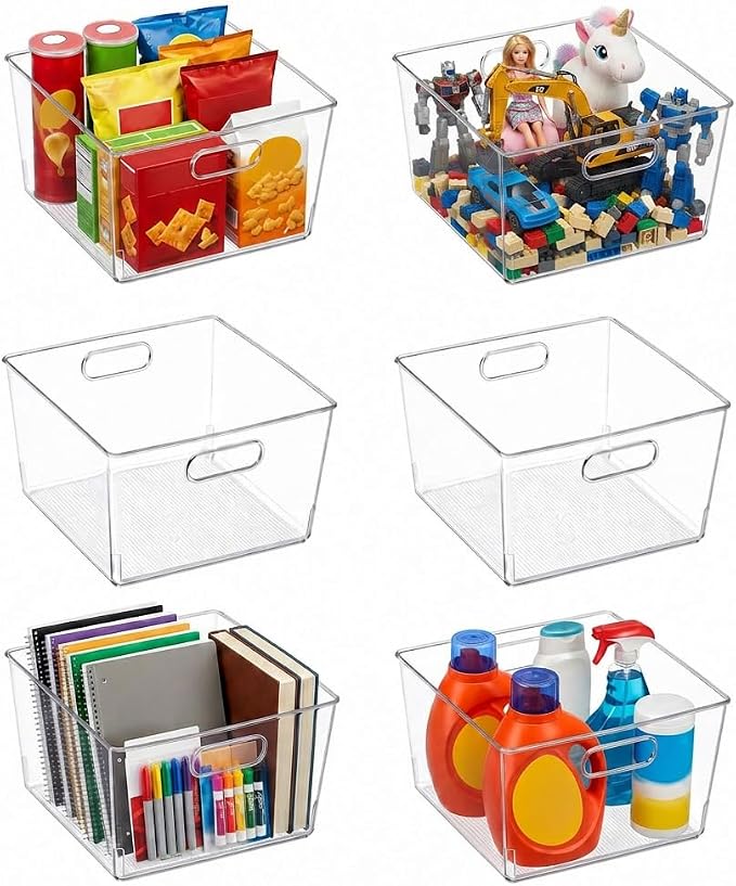 MOONEDGE 6-Pack 12x12x7 Extra Large Clear Plastic Storage Bins with Handles