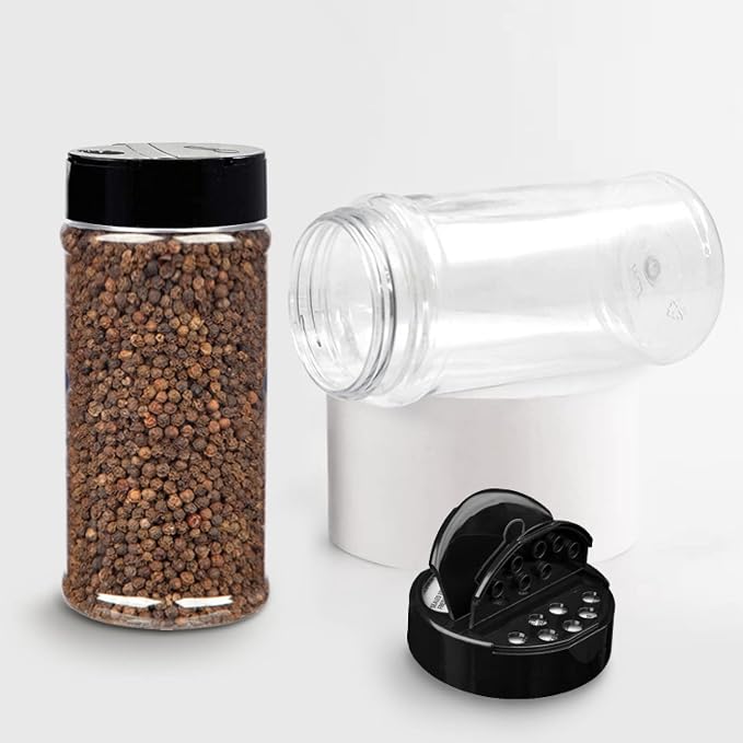 Plastic Spice Jars Bottle Containers with Black Cap, 16 Oz, 6 Pack | Clear Safe Plastic Bottle Containers with Shaker Lids, Lined Cap, PET Material, BPA-Free, Perfect for Herbs & Spices