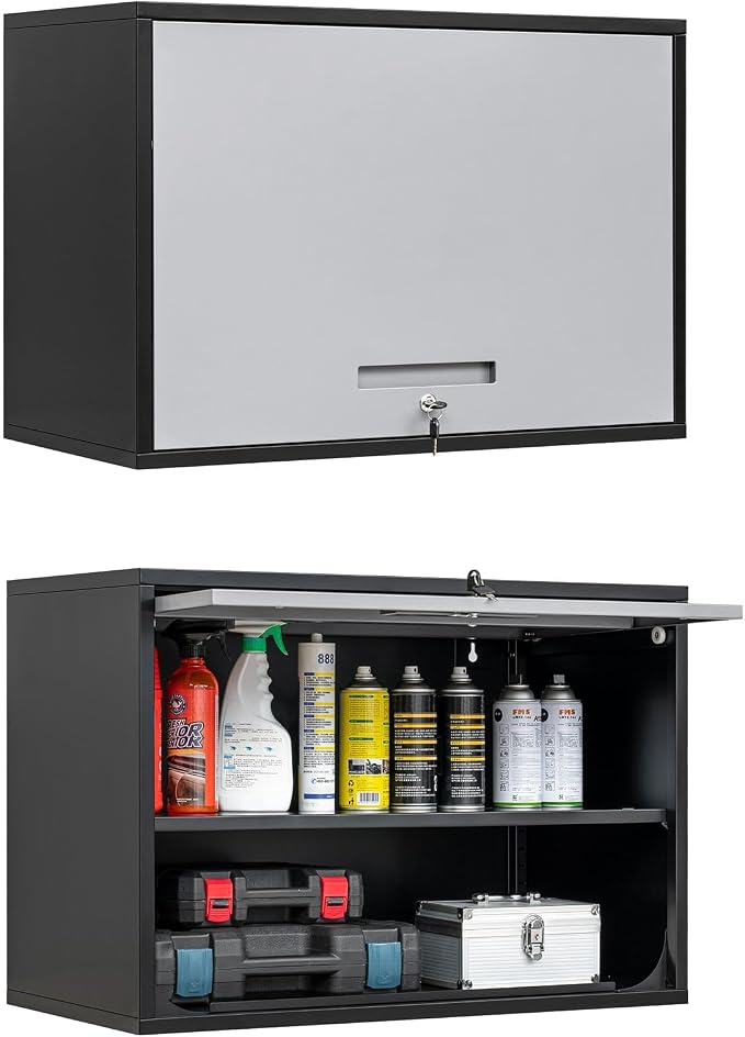 Metal Wall Cabinet with Locking Door and Shelf, Hanging Garage Cabinets with Up-Flip Doors for Garage, Warehouse, Home, Office, Assembly Required (Black Grey, One Cabinet)
