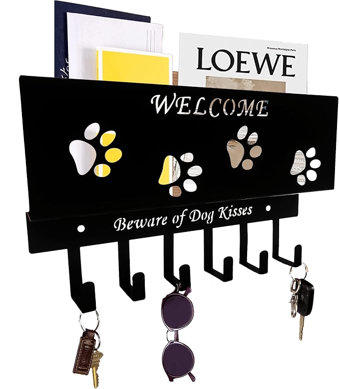 Dog Leash Holder for Wall, Storage and Mail Organizer, Key Holder Wall Mount With 6 Hooks - Leash, Stuff, Key, Letter, Sunglasses Organizer for Entryway, Farmhouse