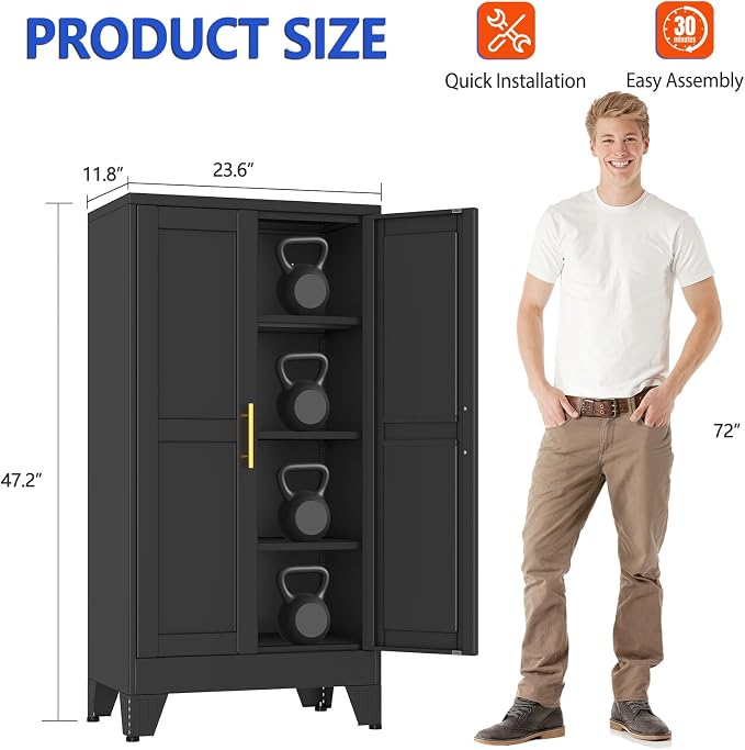 GAIOUS 47.2'' Tall Metal Garage Storage Cabinet,File Cabinet with Door and Adjustable Shelves, Outdoor Steel Tool Cabinet for Home,Office,Warehouse,Garage,Balck