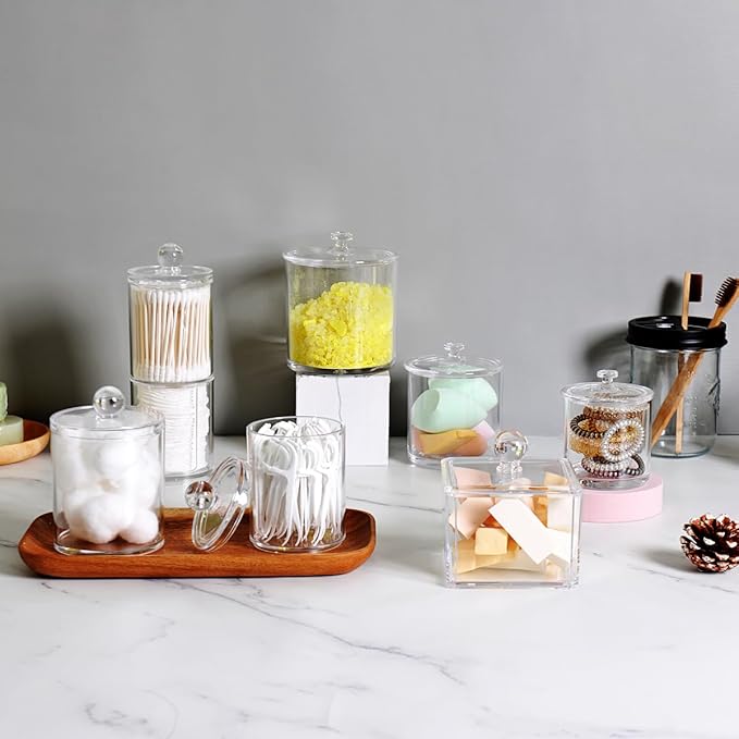 SheeChung Square Acrylic Qtip Holder, 2 Pack Bathroom Canisters with Lids | Apothecary Jars Bathroom Vanity Storage Canister - Shatterproof Organizers for Cotton Swabs, Pads-Modern Minimalist Decor