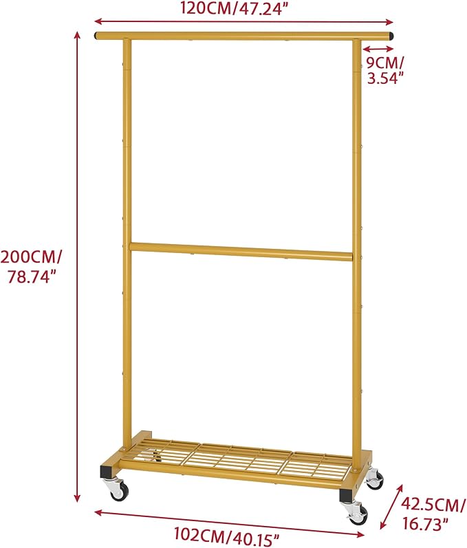 Sywhitta Double Rod Metal Clothing Rack on Wheels with Bottom Mesh,Gold | Rolling Garment Organizer, for Hanging Clothes,Coats,Easy to Assemble,Space-Saving,Mobile Organizer for Closet