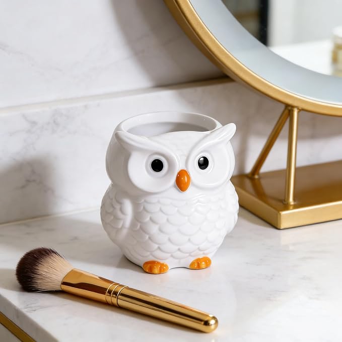 Ceramic Owl Shaped Pen Pencil Holder for Desk Decoration Accessories Owl Decor Makeup Brush Pen Cups Succulent Plant Pot Office School Ideal Gifts for Women, Mom or Birthdays