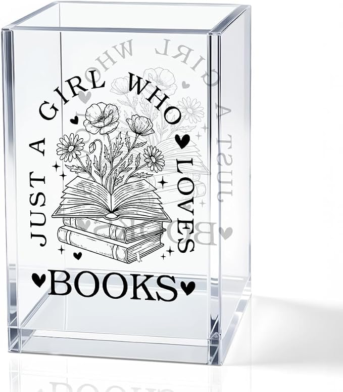 Just A Girl Who Loves Books Acrylic Pencil Holder Cup for Women | Funny Floral Books Desk Organizer for Book Lover Bookish Bookworms Readers, Empowerment Gifts for Daughter Girls Sister BFF