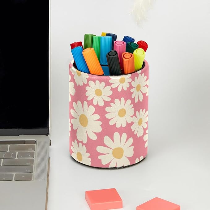 Faux Leather Pen Holder for Desk, Pencil Organizer Pink Daisy Pen Cup Desk Decor Makeup Brush Holder Storage for Office Home