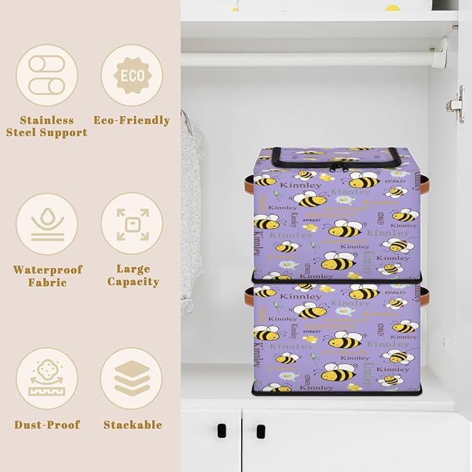 Custom Rectangular Storage Basket with Zipper Lid, Kids Baby Toys Bin, Books Shelf Basket, Clothes Towel Bin for Nursery, Gift Basket, Lavender Purple Cartoon Bee with Daisy Floral