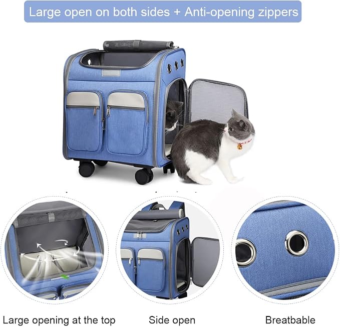 Wheeled Pet Carrier Backpack Pet Stroller, Travel Carrier, Car Seat for Small Dogs Cats Puppies, Comfort Cat Backpack Removable Rolling Wheels – Mesh Ventilation Windows (Large Blue)