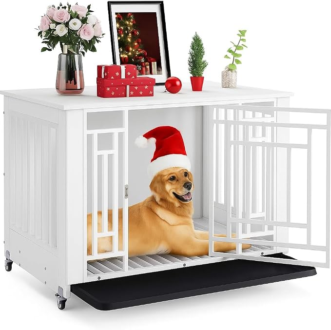 DWVO 38 Inch Dog Crate Furniture with Wheels & Removable Tray | Dog Kennel Indoor Heavy Duty End Table for Large Medium Dogs, Decorative Wooden Dog Cage Table, Chew-Resistant, White