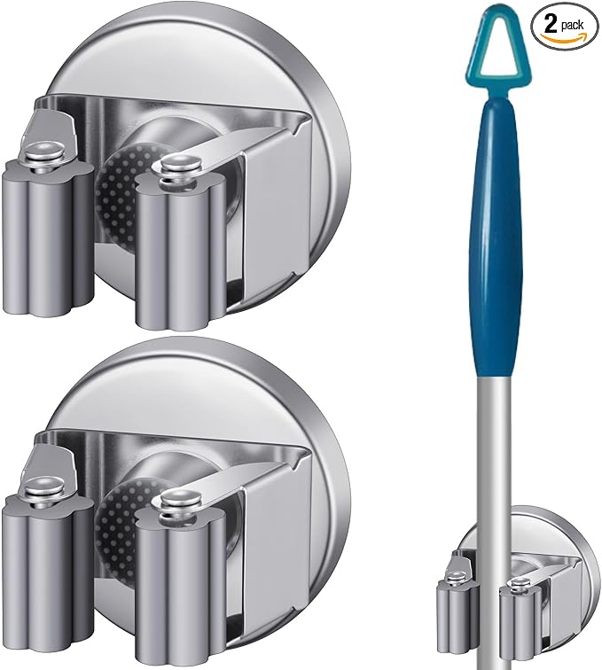 Vercraft 2 Pcs Magnetic Broom Holder Wall Mounted Anti Slip Rack,Silver | Movable Magnetic Organizer for Mops Brooms, Dual Roller Grip, Wall Storage for Garage Kitchen Laundry Garden Tools
