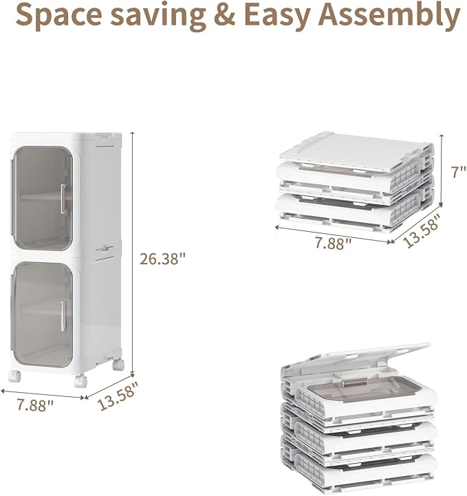 2 Tier Slim Bathroom Storage Cabinet, Foldable and Movable, White | Tools Free, ABS and PET, Magnetic Clear Door, Adjustable Shelves, Lockable Wheels, Water Resistant, For Narrow Space