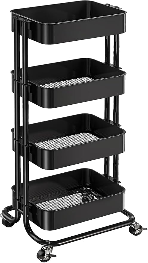 Pipishell 4 Tier Metal Rolling Utility Cart with 2 Lockable Wheels, Black | 360° Rotating Wheel, Heavy-Duty Steel, Sturdy Dual Columns, Ventilated Mesh, Hold 22 lbs per Shelf, for Kitchen & Dining Room