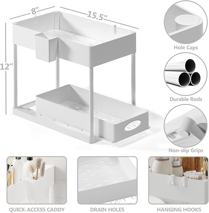 Under Sink Organizers and Storage, Bathroom Cabinet Organizer, Sink Shelf with Utility Hooks and Side Caddy for Under Cabinet Storage | Under Kitchen Sink Organizer with Sliding Drawer, White (1-Pack)