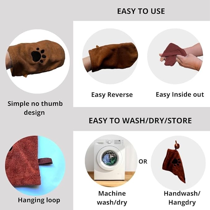 Penny & Niko Microfiber Pet Towel Mitts - Paw Cleaning and Drying Mitts/Gloves for Dogs and Cats (Brown, Standard - 4 Pack)