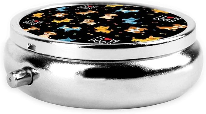 Compact Pill Container, Round Mini Box with Mirror, Travel Organizer for Supplements, Pocket Purse Holder for Daily Routine, Doodle Pets Dog Black