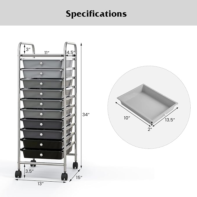 10 Drawer Rolling Storage Cart, Organization Cart with Drawers for Craft Makeup Paper Tool Art Supply, Versatile Utility Cart on Wheels for Home Office Classroom School (Gradient Gray)