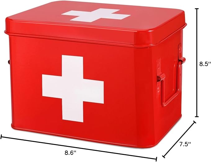 Flexzion Large Metal First Aid Box Empty, 8.5-Inch, Red with White Cross | Vintage Medicine Box and First Aid Storage Organizer with Removable Tray and Dividers; Empty Box Only, Supplies Not Included