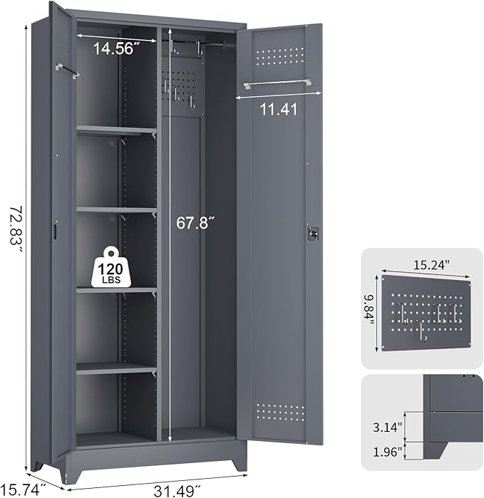 72.8" H Metal Garage Storage Cabinets, Metal Storage Cabinet with Hanging Rod & S-Hooks, Broom Closet Storage with Shelves, Functional Storage Cabinets for Garage, Warehouse, Grey