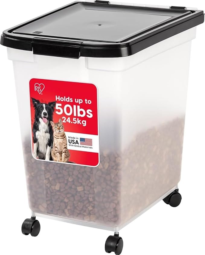 IRIS USA Dog Food Storage Container, Up to 50 lbs, Black, Made in USA | Wheels for Mobility, Airtight Seal, BPA-Free, Best for Bird Seed, Cat food, Cat Litter, Chicken Feed, Pellets
