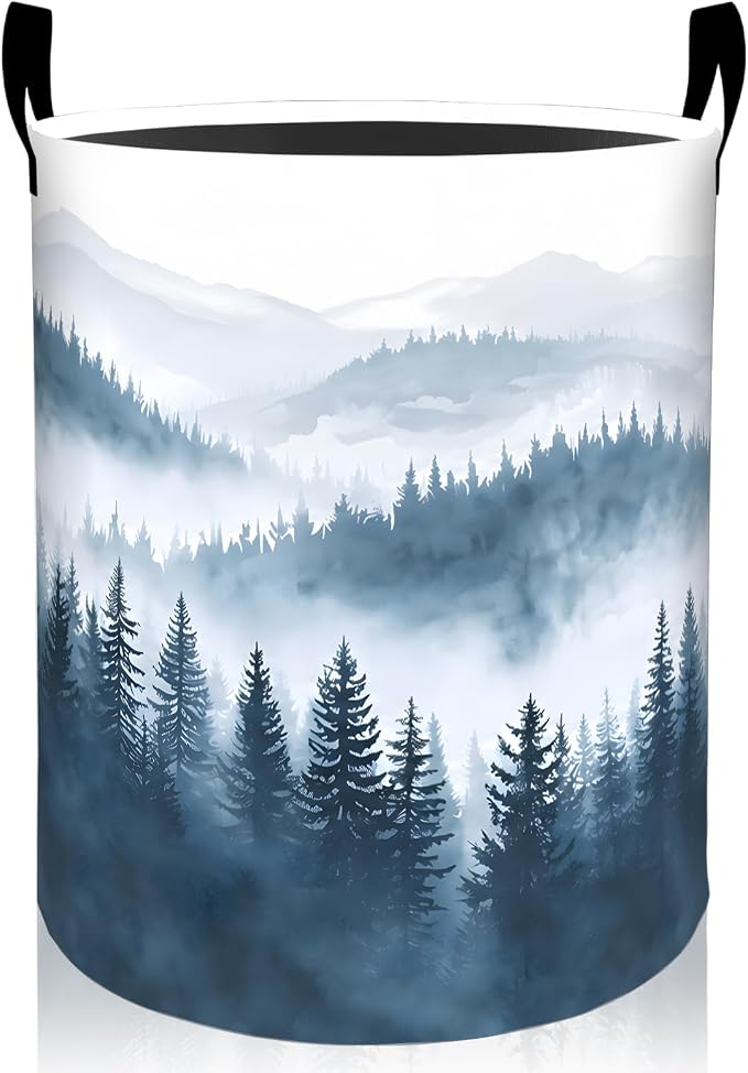 Foggy Forest Laundry Basket, Misty Pine Tree Foldable Oxford Cloth, Waterproof Dirty Clothes Hamper with Handles, Clothing Storage Bin Toy Organizer for Bedroom Dorm Bathroom, 19.7"x15.7"