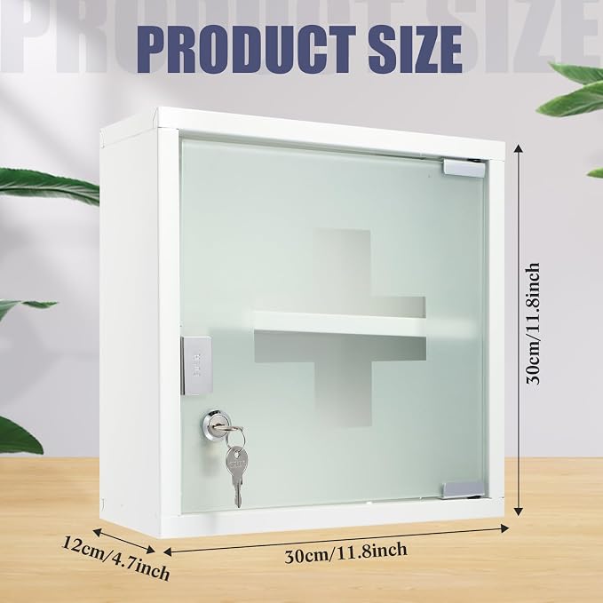 Timgle First Aid Wall Cabinet with Lock Medicine Wall Mounted Bathroom Storage Hanging Medical Cabinet with Safety Glass Door for Bathroom(2 Shelves,White)