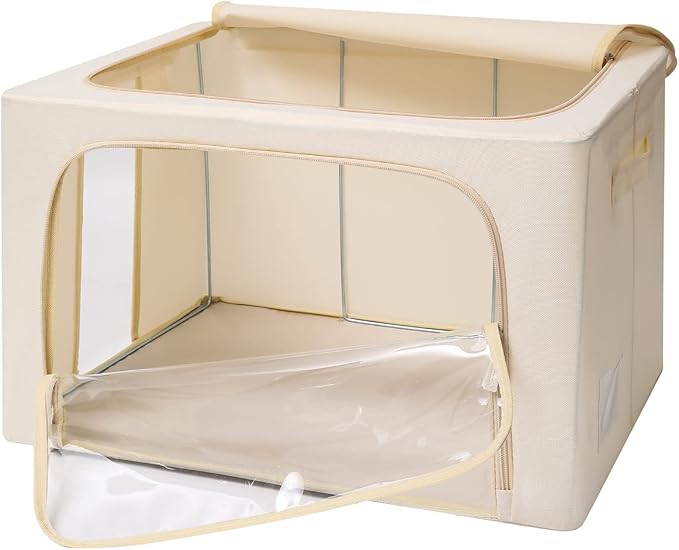 CYhom 3Pack Frame Storage Box - Clothes Storage Bin Bags Oxford Fabric Foldable Stackable Container Organizer Set with Clear Window & Carry Handles (Beige, X-Small-36L)