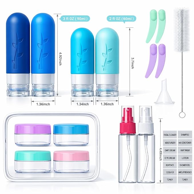 Tocelffe 18pack Travel Bottles for Toiletries,TSA Approved Silicone Travel Containers jar for Toiletries,Leak Proof Refillable Liqus Shampoo And Conditioner Essentials toiletry