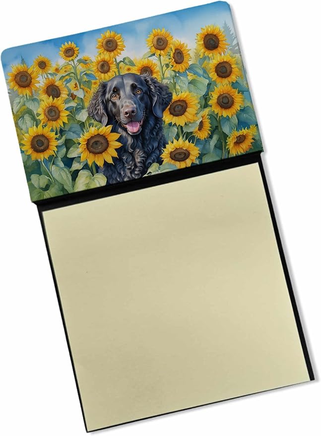 Caroline's Treasures Curly-Coated Retriever in Sunflowers Watercolor Sticky Note Holder Refillable Dispenser Desk Accessory 3x3 Pad Gift